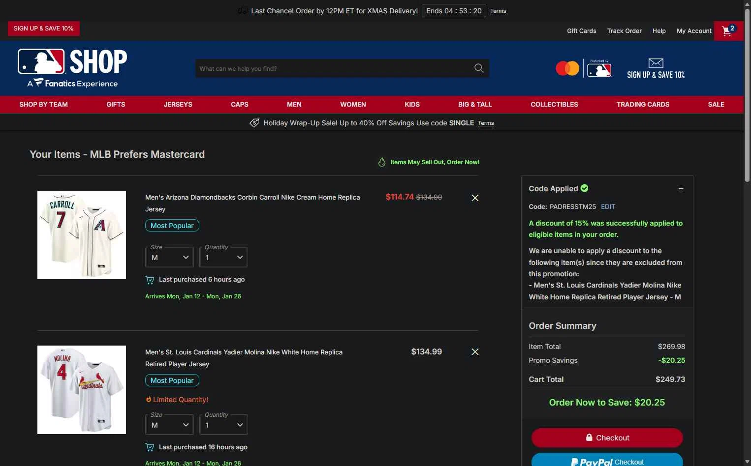 St. Louis Cardinals checkout page showing St. Louis Cardinals promo code box | Screenshot taken by SimplyCodes community member on Dec 22, 2025