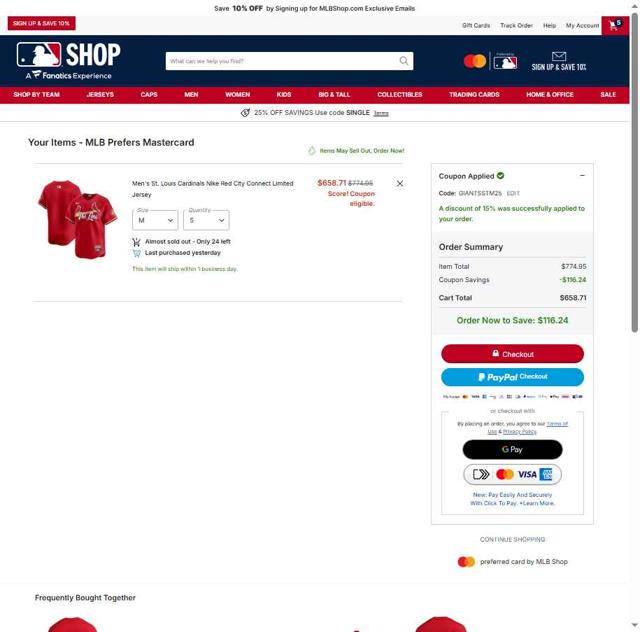 St. Louis Cardinals checkout page showing St. Louis Cardinals promo code box | Screenshot taken by SimplyCodes community member on Oct 5, 2025