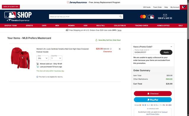 St. Louis Cardinals checkout page showing St. Louis Cardinals promo code box | Screenshot taken by SimplyCodes community member on Sep 7, 2025