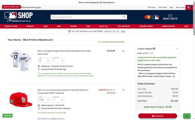 St. Louis Cardinals checkout page showing St. Louis Cardinals promo code box | Screenshot taken by SimplyCodes community member on Sep 10, 2025