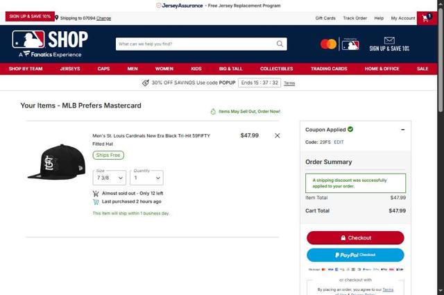 St. Louis Cardinals checkout page showing St. Louis Cardinals promo code box | Screenshot taken by SimplyCodes community member on Oct 3, 2025