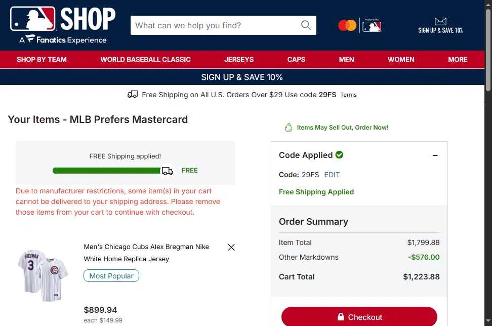 St. Louis Cardinals checkout page showing St. Louis Cardinals promo code box | Screenshot taken by SimplyCodes community member on Jan 25, 2026