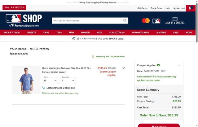 St. Louis Cardinals checkout page showing St. Louis Cardinals promo code box | Screenshot taken by SimplyCodes community member on Oct 5, 2025