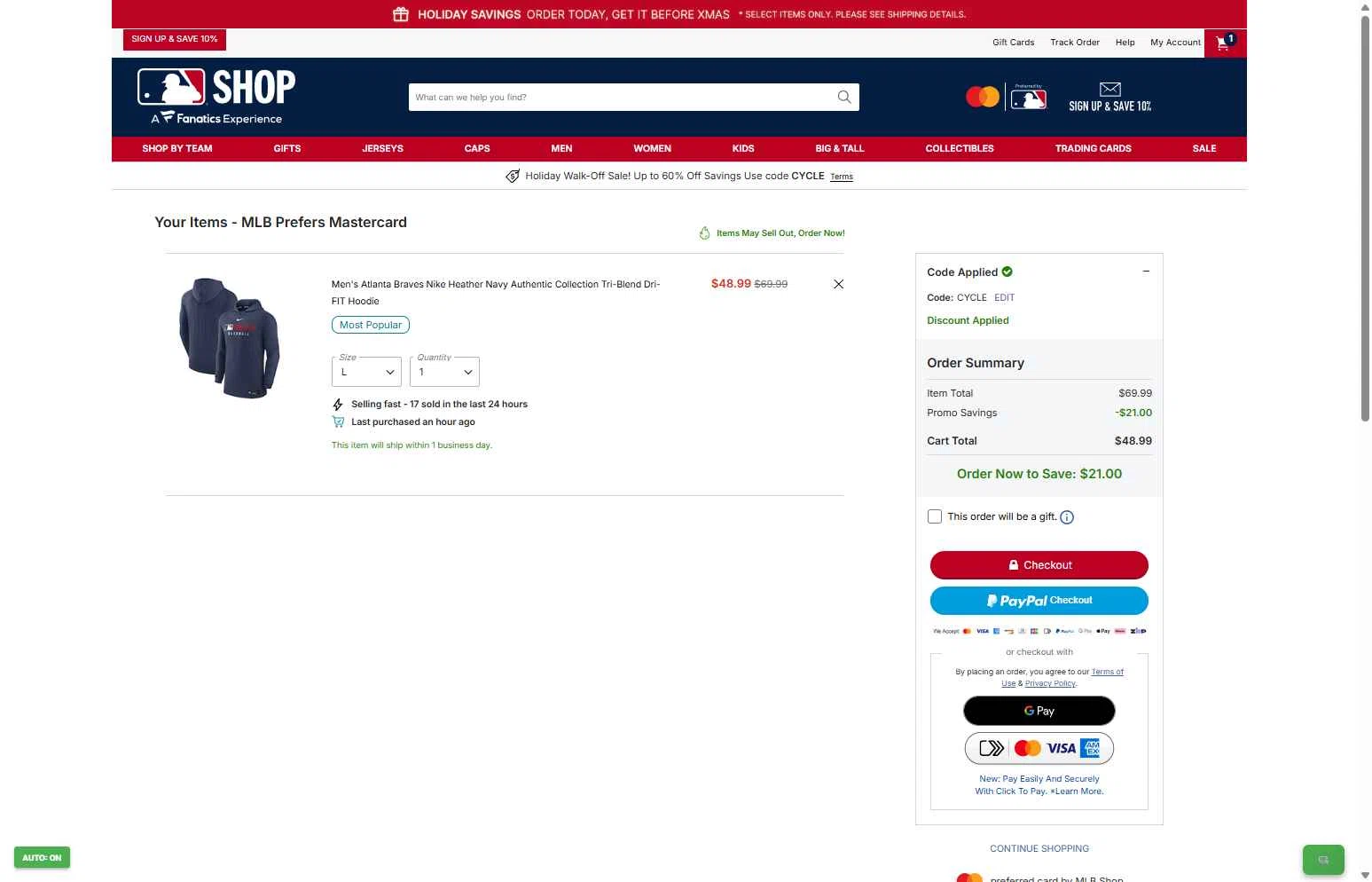 St. Louis Cardinals checkout page showing St. Louis Cardinals promo code box | Screenshot taken by SimplyCodes community member on Dec 19, 2025