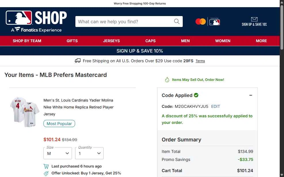 St. Louis Cardinals checkout page showing St. Louis Cardinals promo code box | Screenshot taken by SimplyCodes community member on Jan 3, 2026