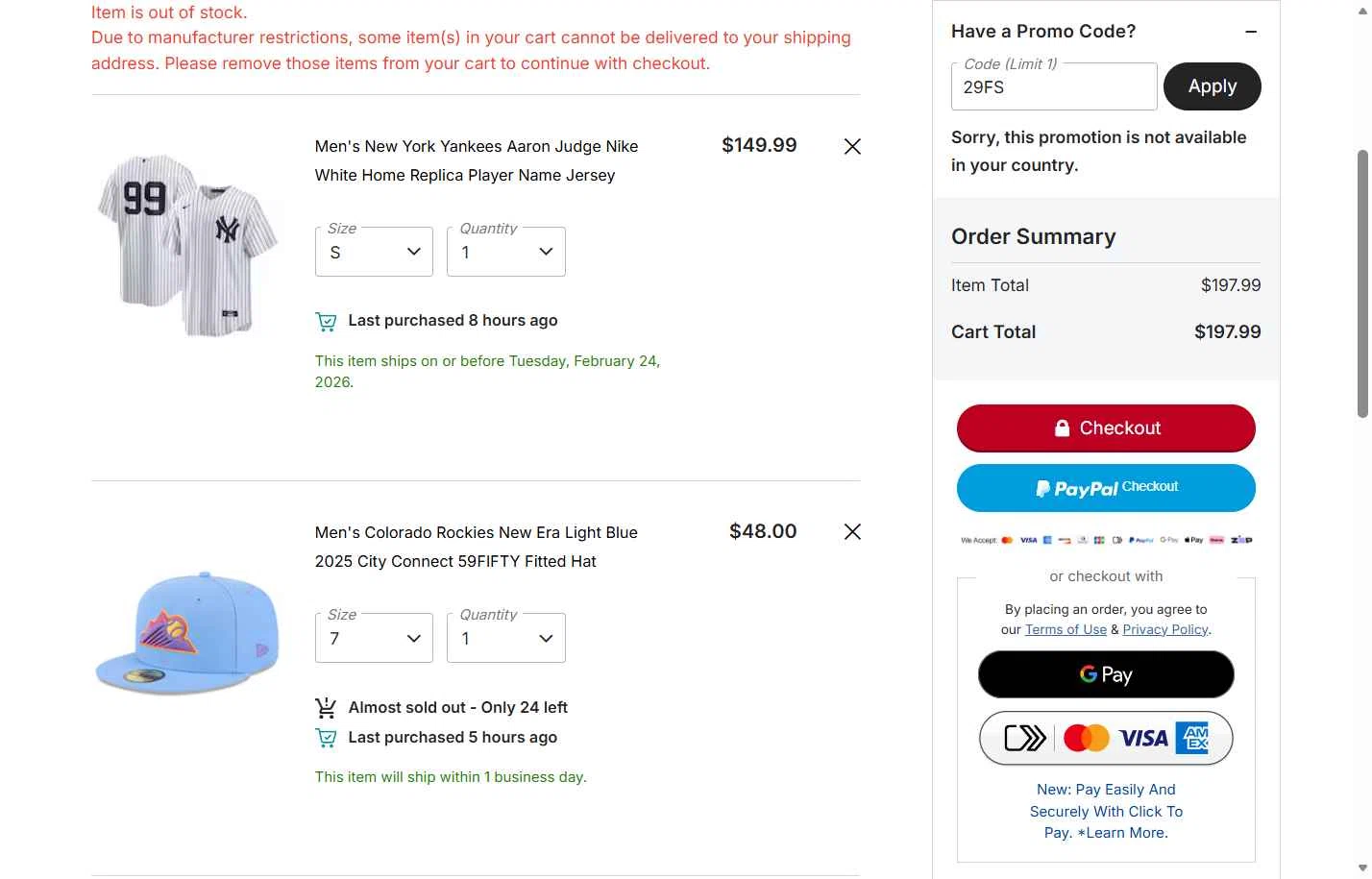St. Louis Cardinals checkout page showing St. Louis Cardinals promo code box | Screenshot taken by SimplyCodes community member on Feb 24, 2026