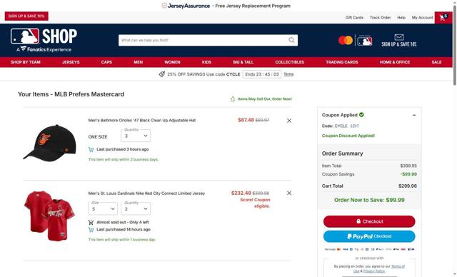 St. Louis Cardinals checkout page showing St. Louis Cardinals promo code box | Screenshot taken by SimplyCodes community member on Sep 10, 2025