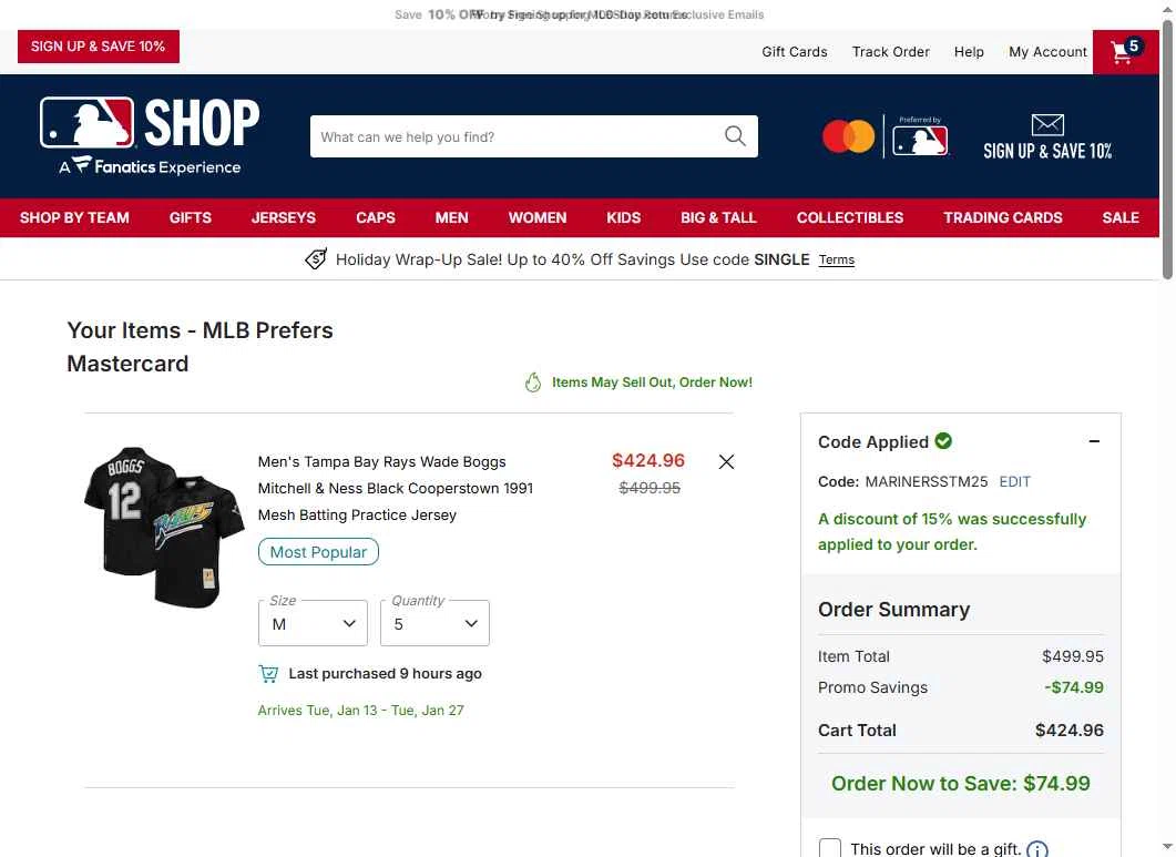 St. Louis Cardinals checkout page showing St. Louis Cardinals promo code box | Screenshot taken by SimplyCodes community member on Dec 27, 2025