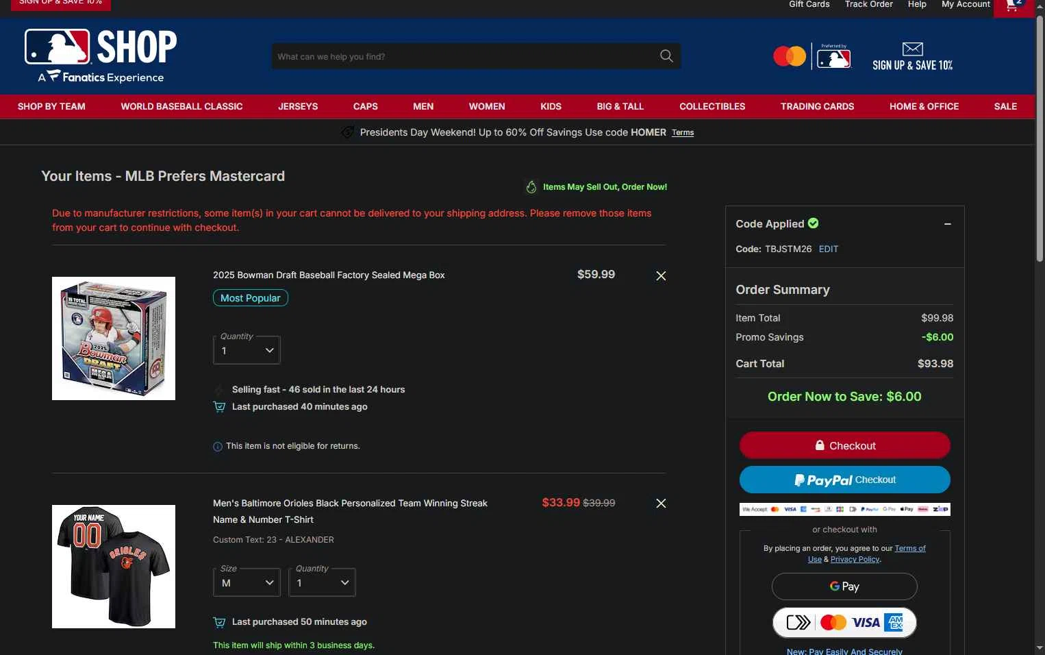 St. Louis Cardinals checkout page showing St. Louis Cardinals promo code box | Screenshot taken by SimplyCodes community member on Feb 15, 2026