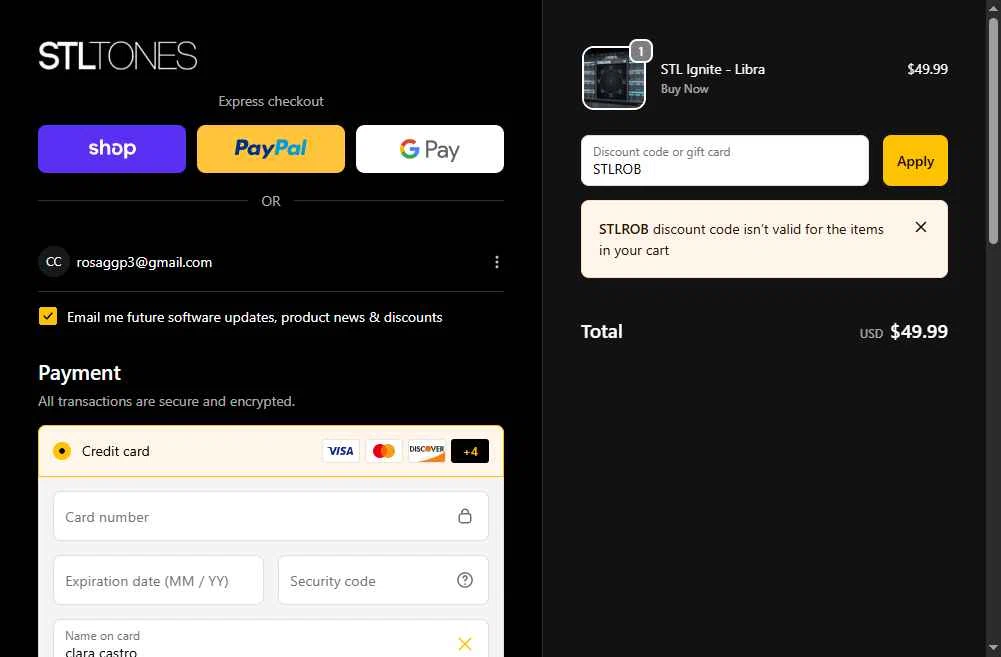 STL Tones checkout page showing STL Tones discount code box | Screenshot taken by SimplyCodes community member on Oct 19, 2025