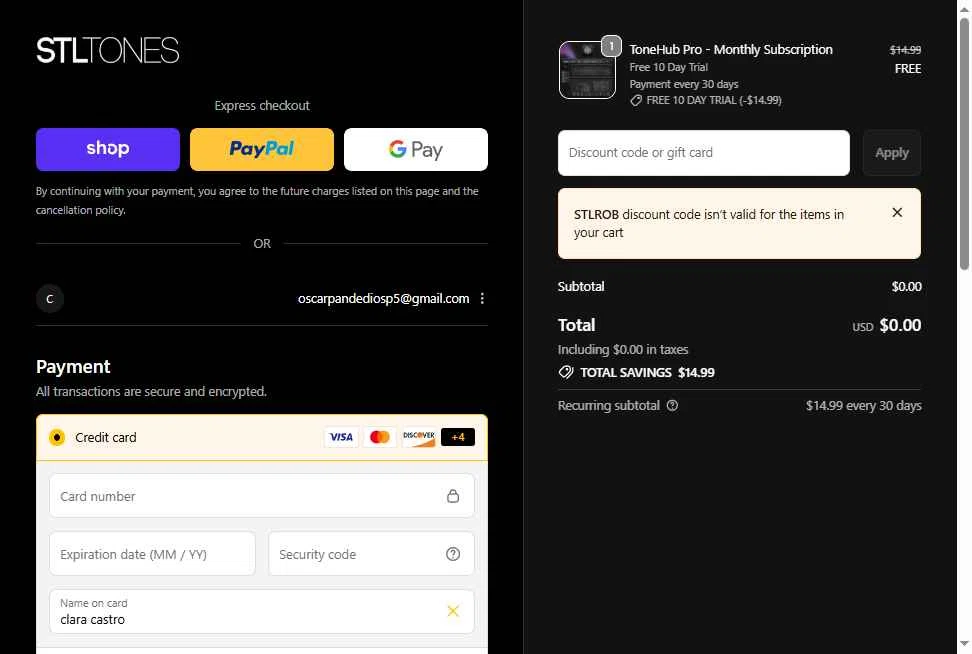 STL Tones checkout page showing STL Tones discount code box | Screenshot taken by SimplyCodes community member on Jan 14, 2026