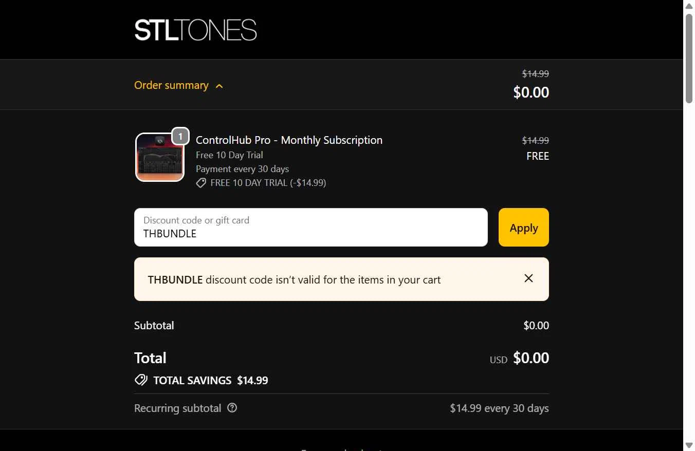 STL Tones checkout page showing STL Tones discount code box | Screenshot taken by SimplyCodes community member on Nov 10, 2025