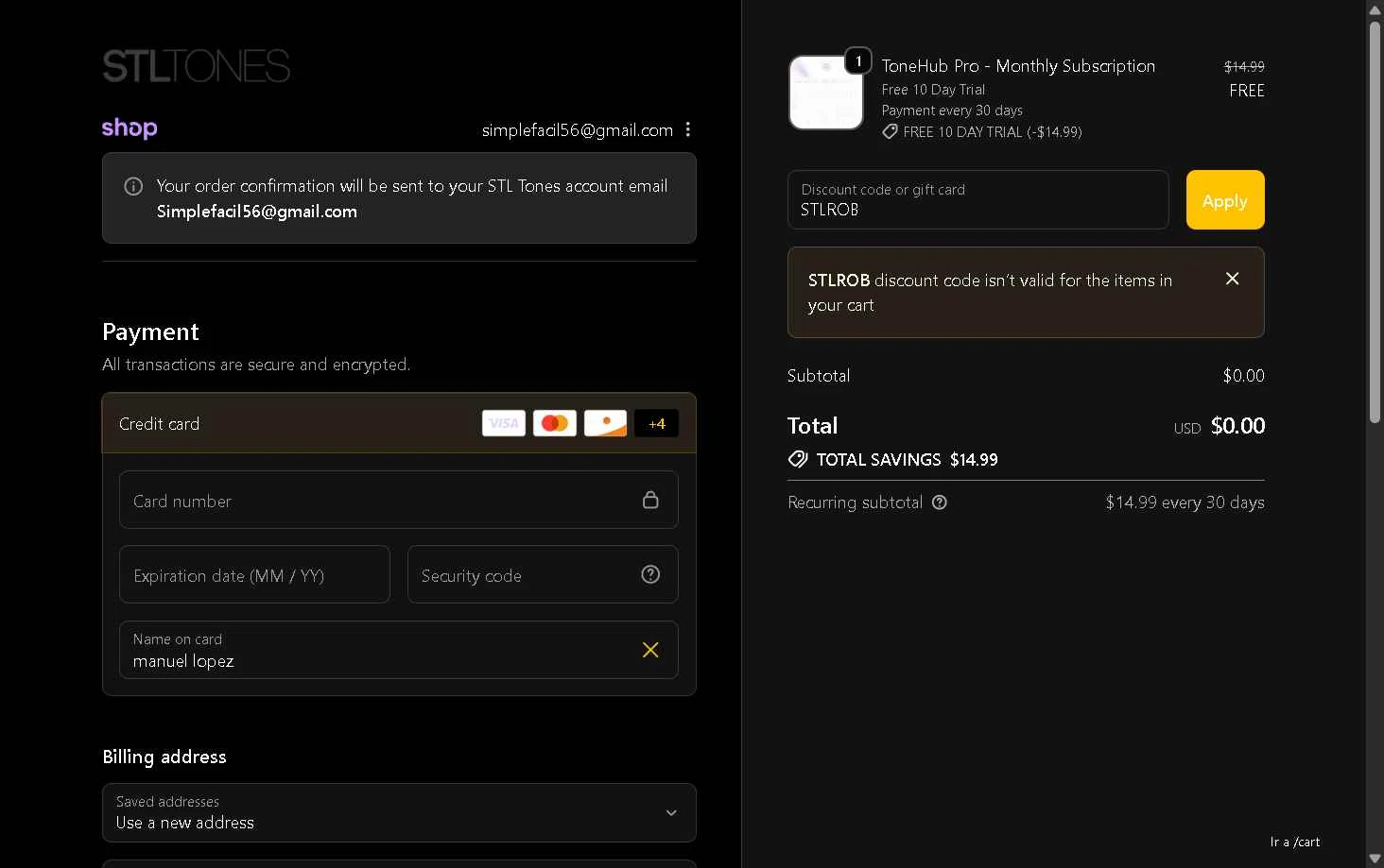 STL Tones checkout page showing STL Tones discount code box | Screenshot taken by SimplyCodes community member on Nov 17, 2025