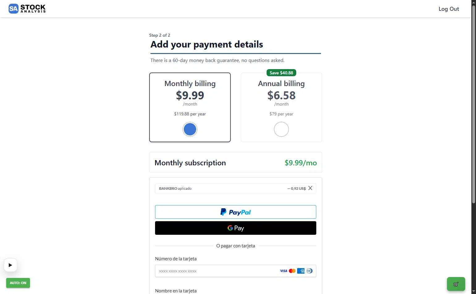 Stock Analysis checkout page showing Stock Analysis discount code box | Screenshot taken by SimplyCodes community member on Jan 10, 2026