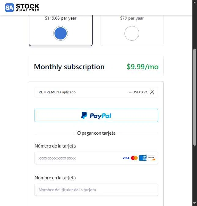 Stock Analysis checkout page showing Stock Analysis discount code box | Screenshot taken by SimplyCodes community member on Jan 31, 2026