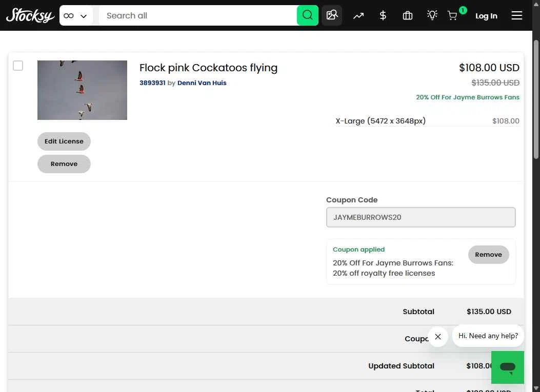 Stocksy checkout page showing Stocksy promo code box | Screenshot taken by SimplyCodes community member on Dec 12, 2025