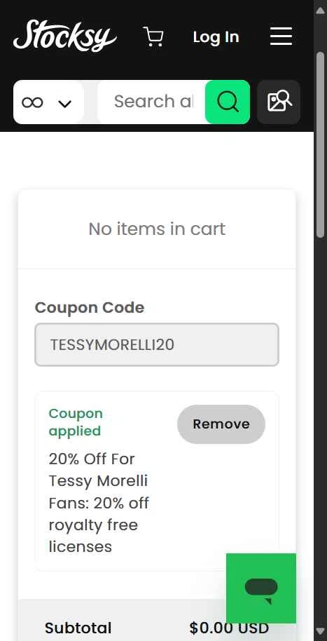 Stocksy checkout page showing Stocksy promo code box | Screenshot taken by SimplyCodes community member on Aug 23, 2025