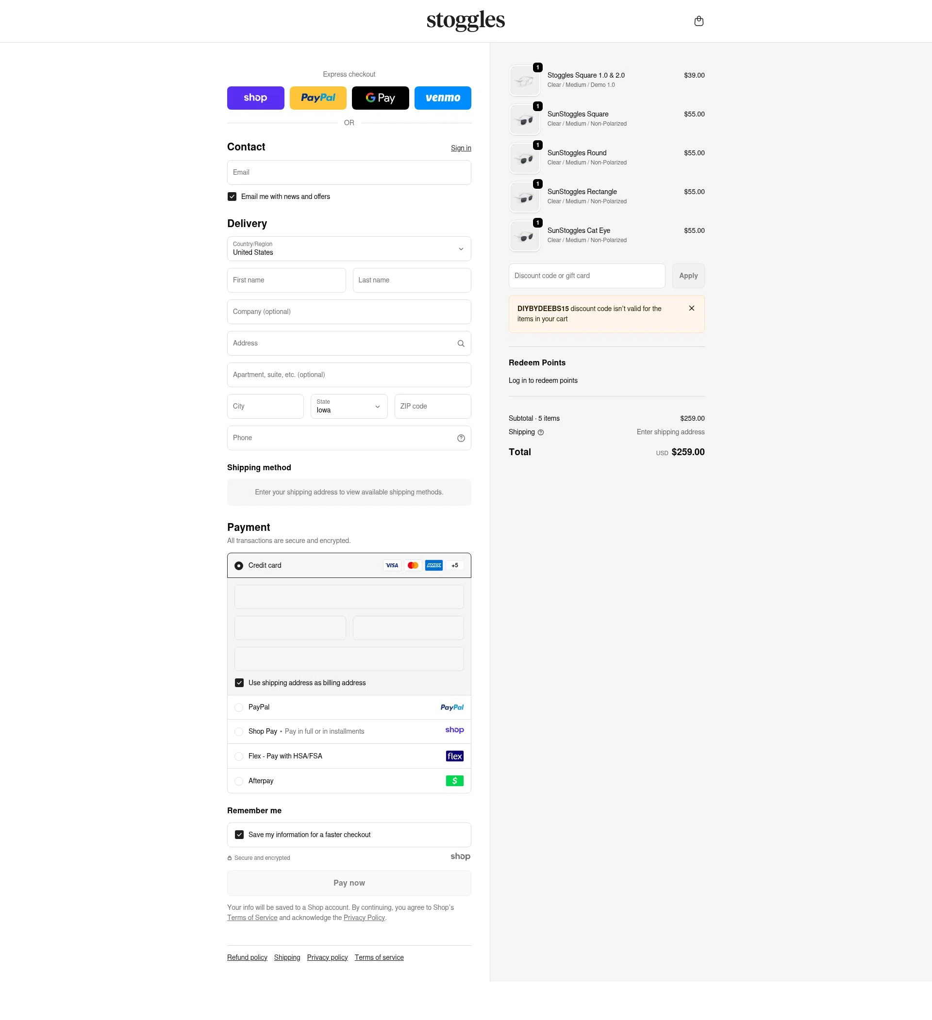 Stoggles checkout page showing Stoggles discount code box | Screenshot taken by SimplyCodes community member on Dec 20, 2025