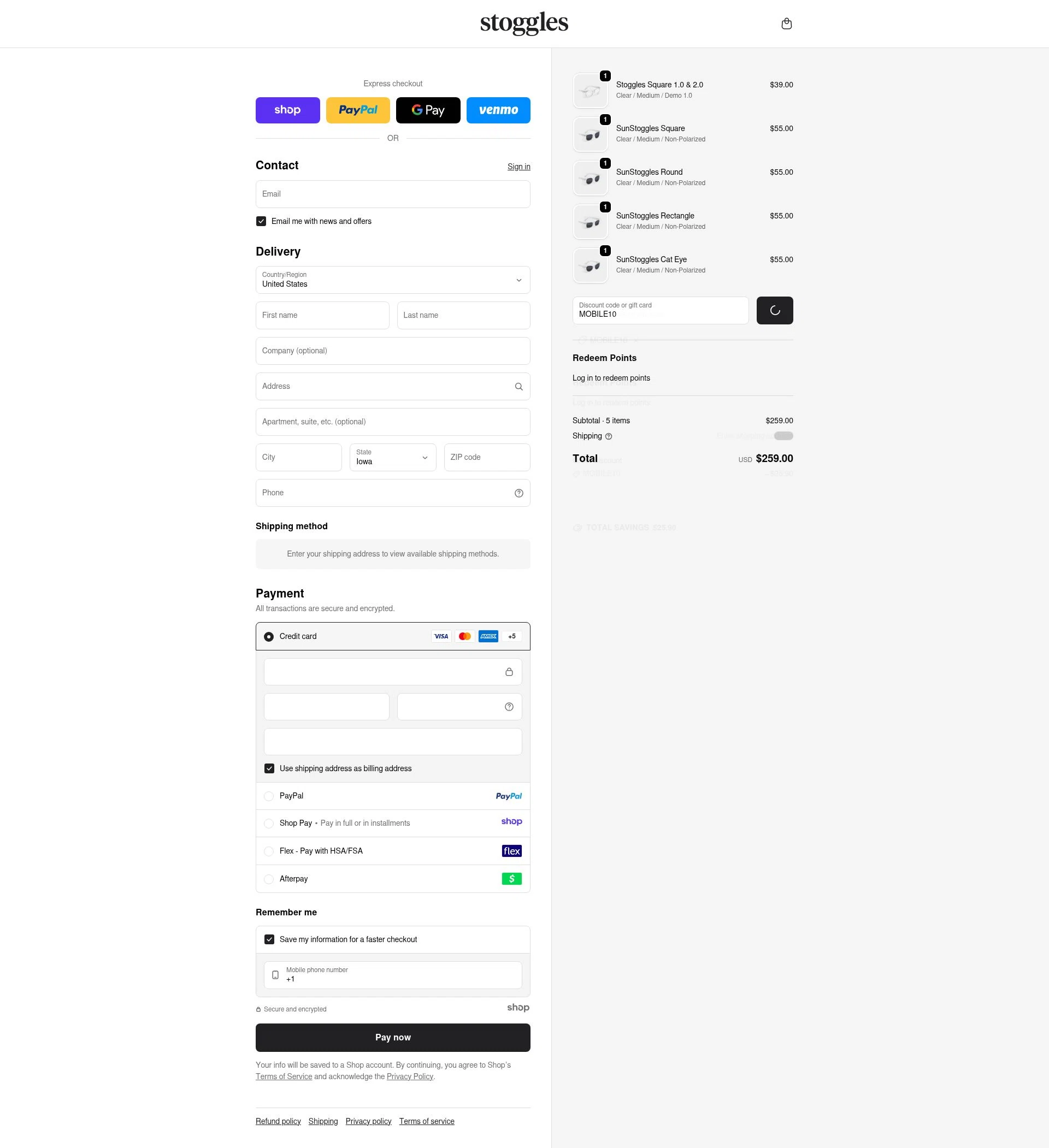 Stoggles checkout page showing Stoggles discount code box | Screenshot taken by SimplyCodes community member on Dec 20, 2025