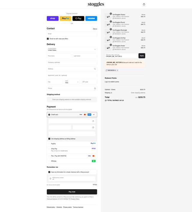 Stoggles checkout page showing Stoggles discount code box | Screenshot taken by SimplyCodes community member on Sep 10, 2025