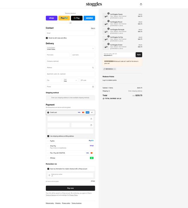 Stoggles checkout page showing Stoggles discount code box | Screenshot taken by SimplyCodes community member on Sep 10, 2025