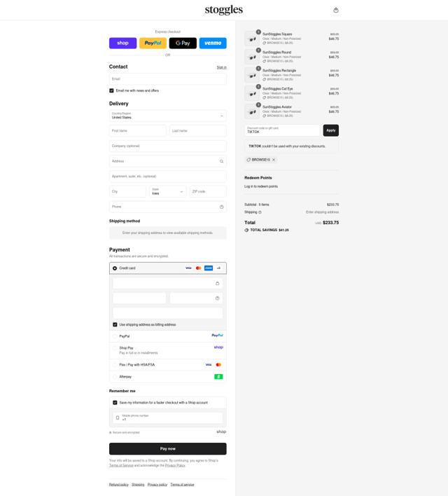 Stoggles checkout page showing Stoggles discount code box | Screenshot taken by SimplyCodes community member on Sep 10, 2025