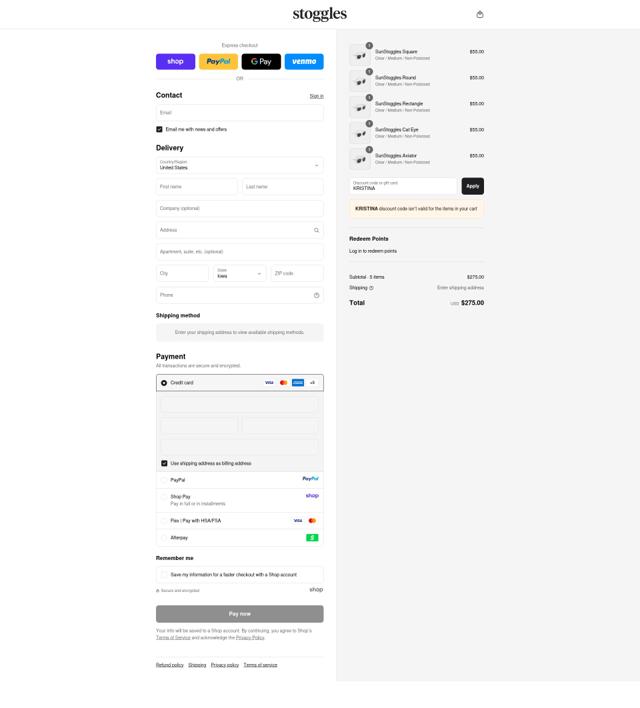 Stoggles checkout page showing Stoggles discount code box | Screenshot taken by SimplyCodes community member on Sep 10, 2025