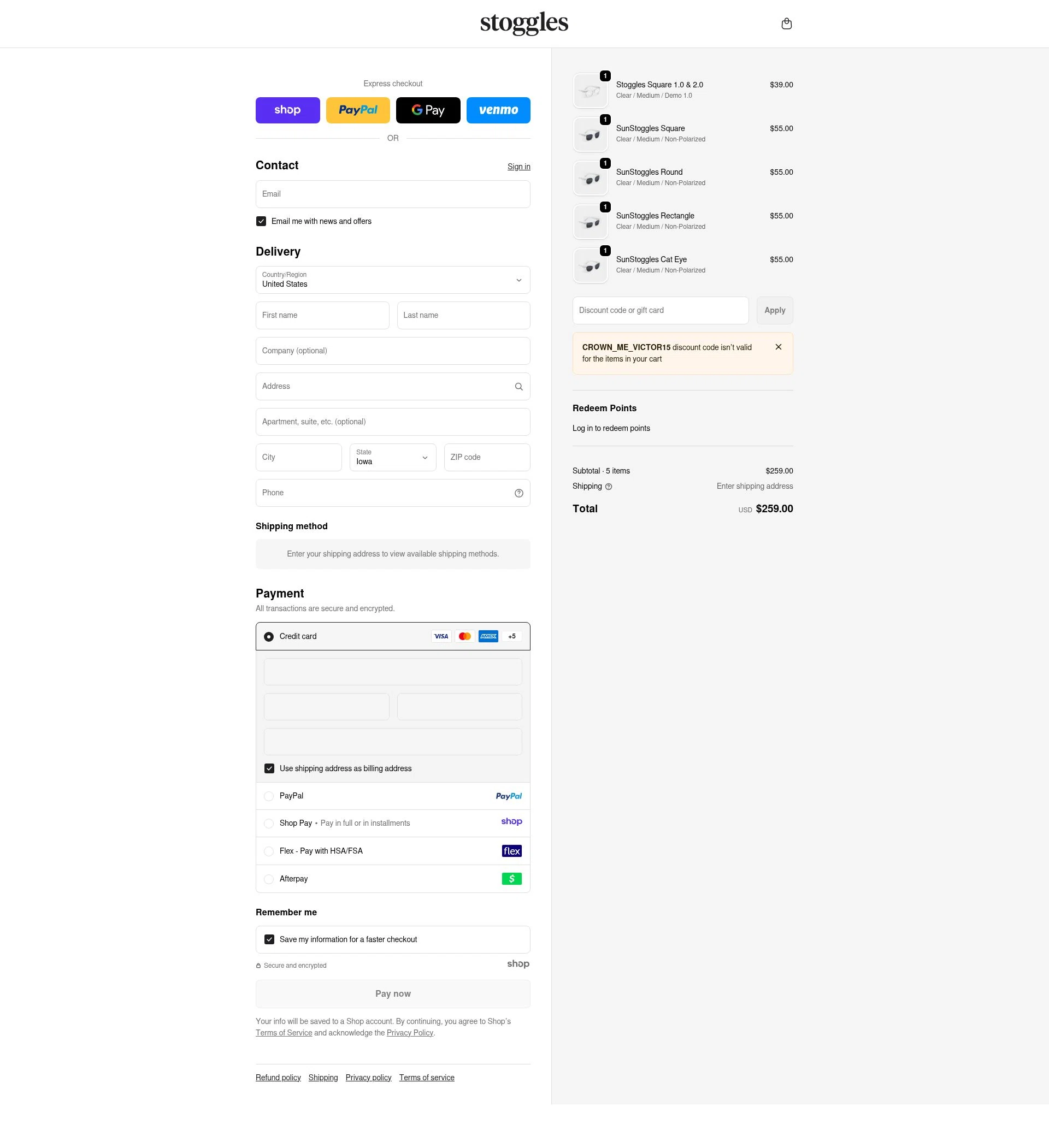 Stoggles checkout page showing Stoggles discount code box | Screenshot taken by SimplyCodes community member on Dec 20, 2025