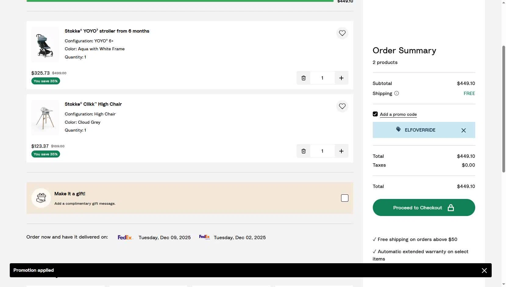 Stokke checkout page showing Stokke promo code box | Screenshot taken by SimplyCodes community member on Nov 28, 2025