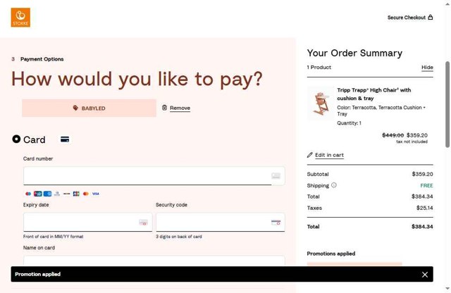 Stokke checkout page showing Stokke promo code box | Screenshot taken by SimplyCodes community member on Aug 3, 2025