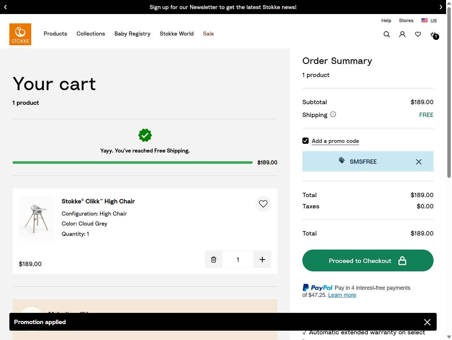 Stokke checkout page showing Stokke promo code box | Screenshot taken by SimplyCodes community member on Aug 10, 2025