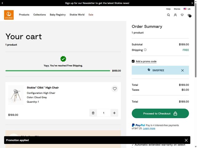 Stokke checkout page showing Stokke promo code box | Screenshot taken by SimplyCodes community member on Aug 10, 2025