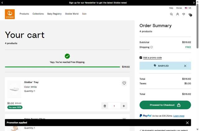 Stokke checkout page showing Stokke promo code box | Screenshot taken by SimplyCodes community member on Aug 9, 2025