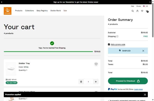 Stokke checkout page showing Stokke promo code box | Screenshot taken by SimplyCodes community member on Aug 9, 2025