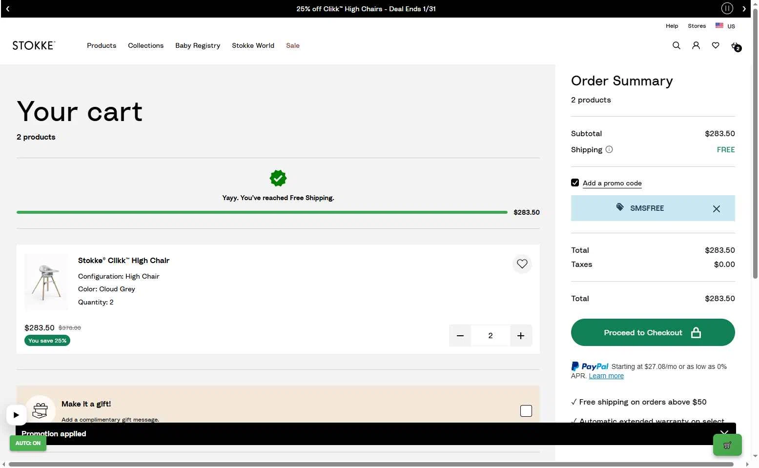 Stokke checkout page showing Stokke promo code box | Screenshot taken by SimplyCodes community member on Jan 8, 2026