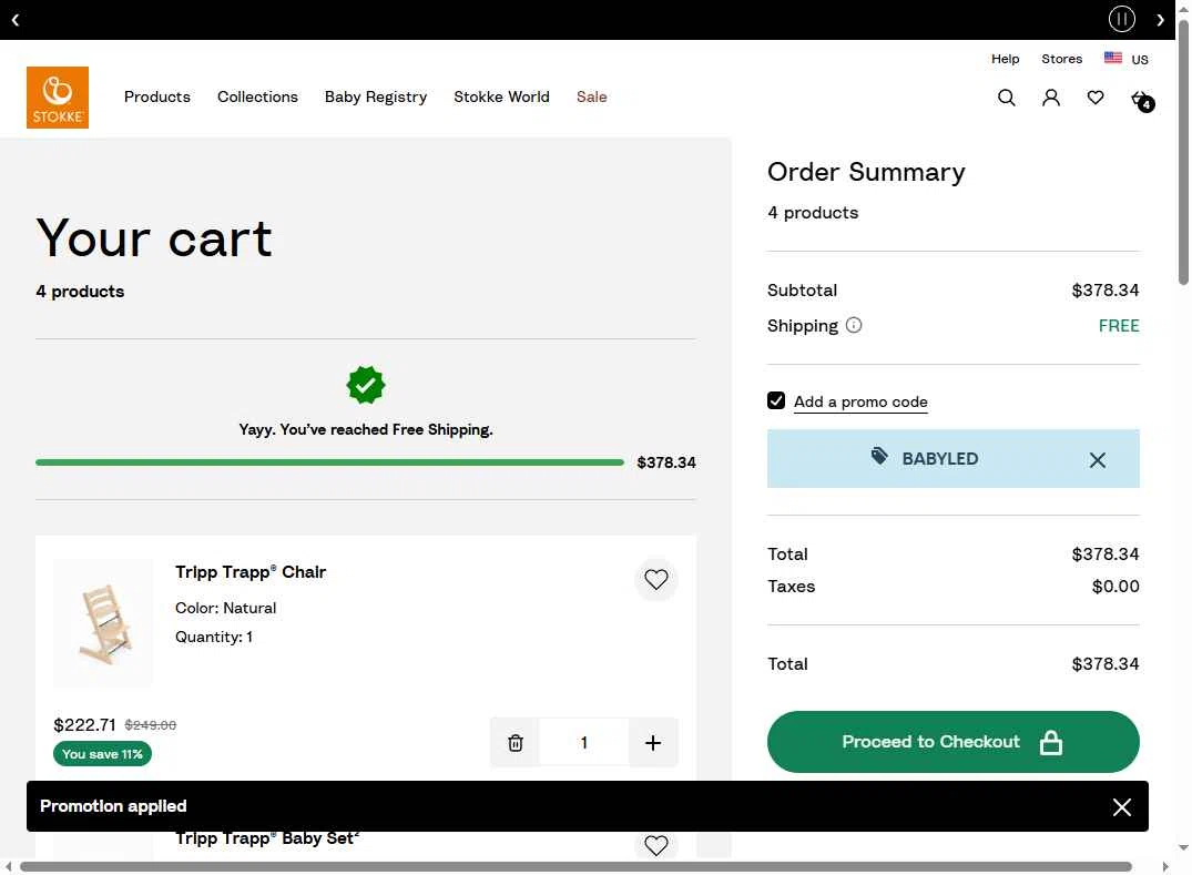 Stokke checkout page showing Stokke promo code box | Screenshot taken by SimplyCodes community member on Oct 13, 2025