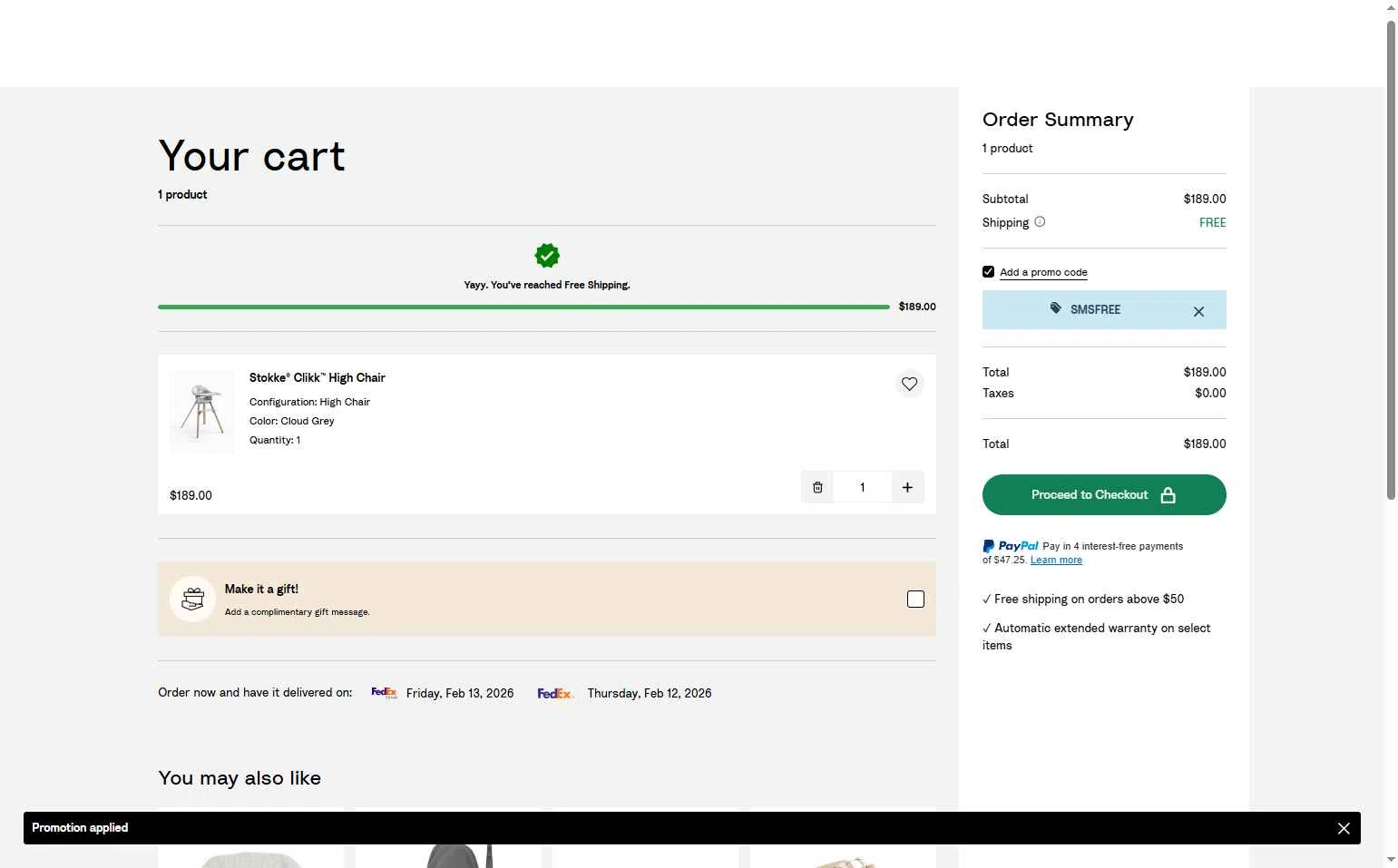 Stokke checkout page showing Stokke promo code box | Screenshot taken by SimplyCodes community member on Feb 10, 2026