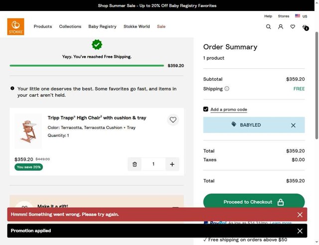 Stokke checkout page showing Stokke promo code box | Screenshot taken by SimplyCodes community member on Aug 4, 2025