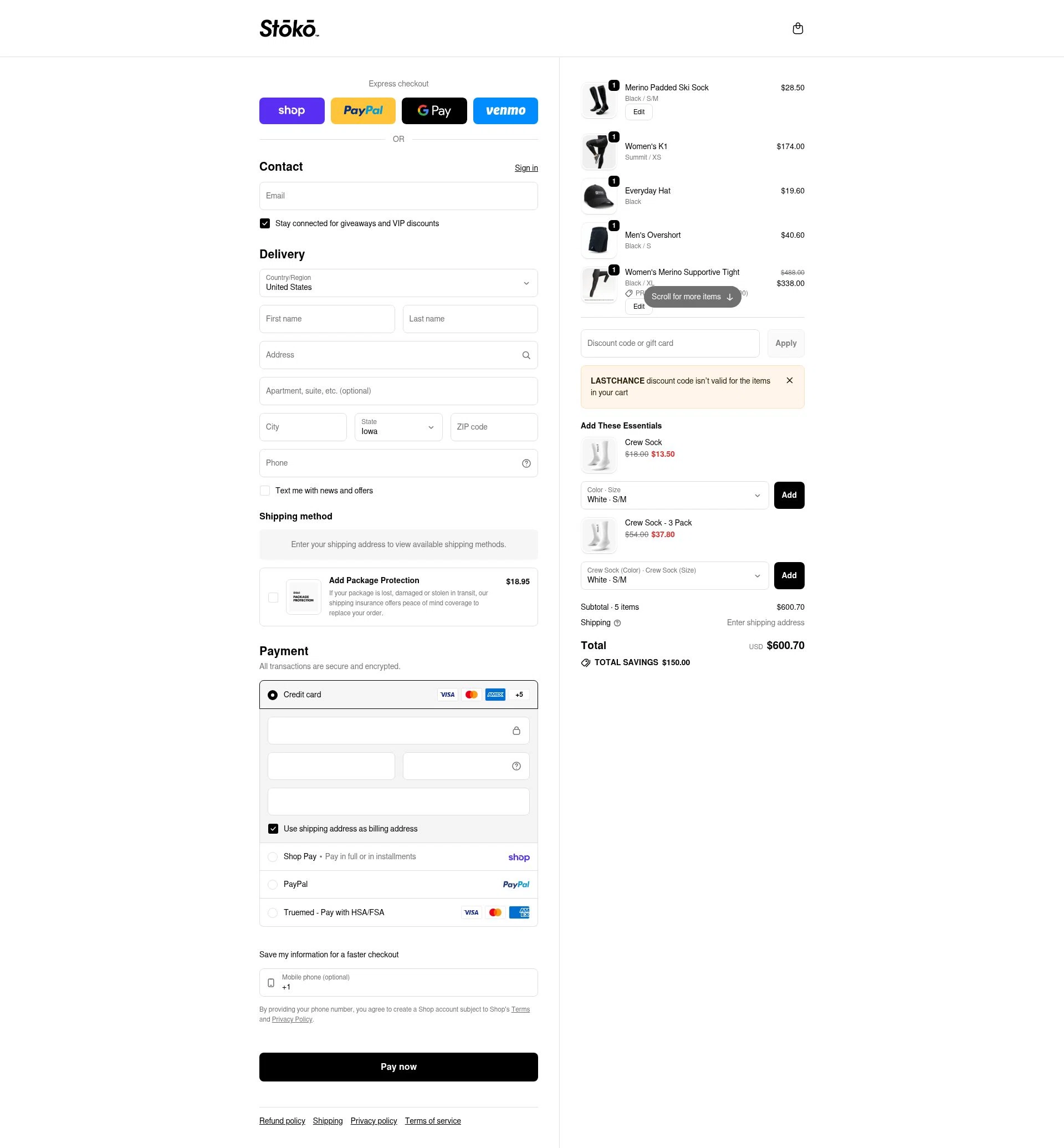 Stoko checkout page showing Stoko discount code box | Screenshot taken by SimplyCodes community member on Feb 17, 2026