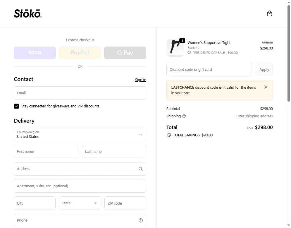 Stoko checkout page showing Stoko discount code box | Screenshot taken by SimplyCodes community member on Feb 15, 2026