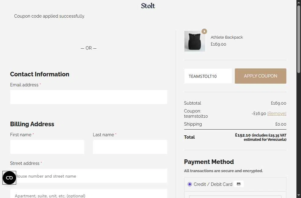 Stolt Running checkout page showing Stolt Running promo code box | Screenshot taken by SimplyCodes community member on Jan 7, 2026