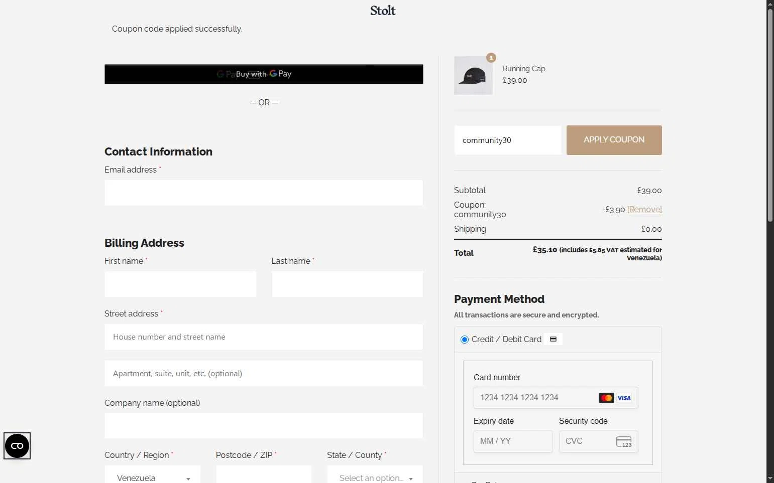 Stolt Running checkout page showing Stolt Running promo code box | Screenshot taken by SimplyCodes community member on Jun 21, 2025