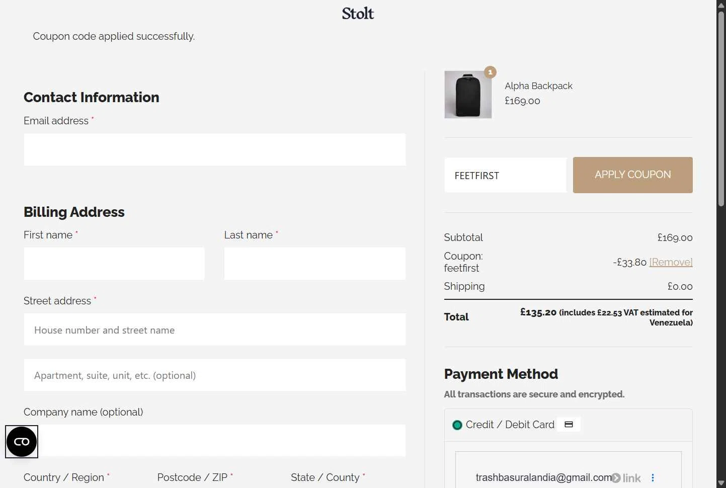 Stolt Running checkout page showing Stolt Running promo code box | Screenshot taken by SimplyCodes community member on Dec 9, 2025
