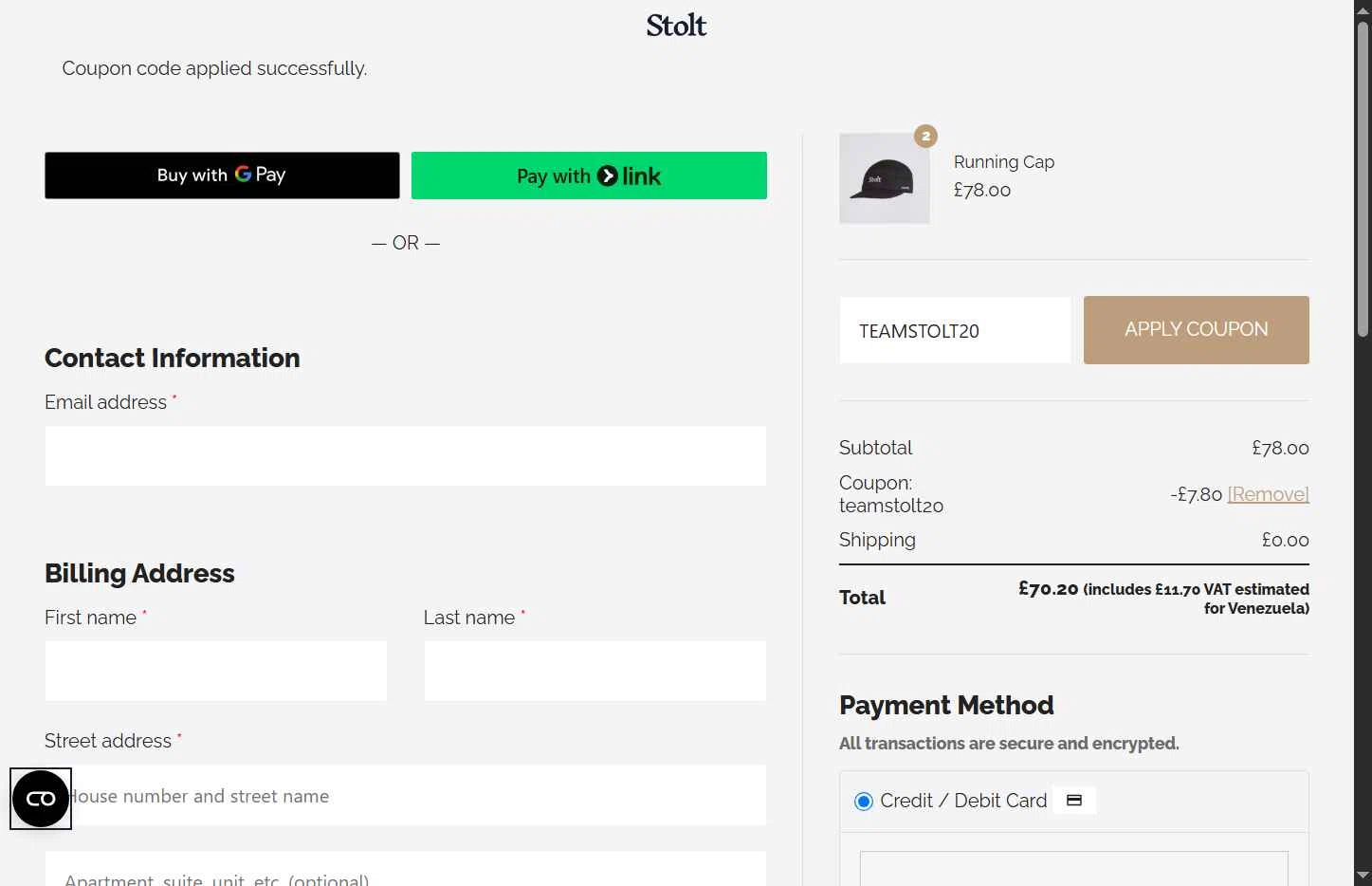 Stolt Running checkout page showing Stolt Running promo code box | Screenshot taken by SimplyCodes community member on Oct 21, 2025
