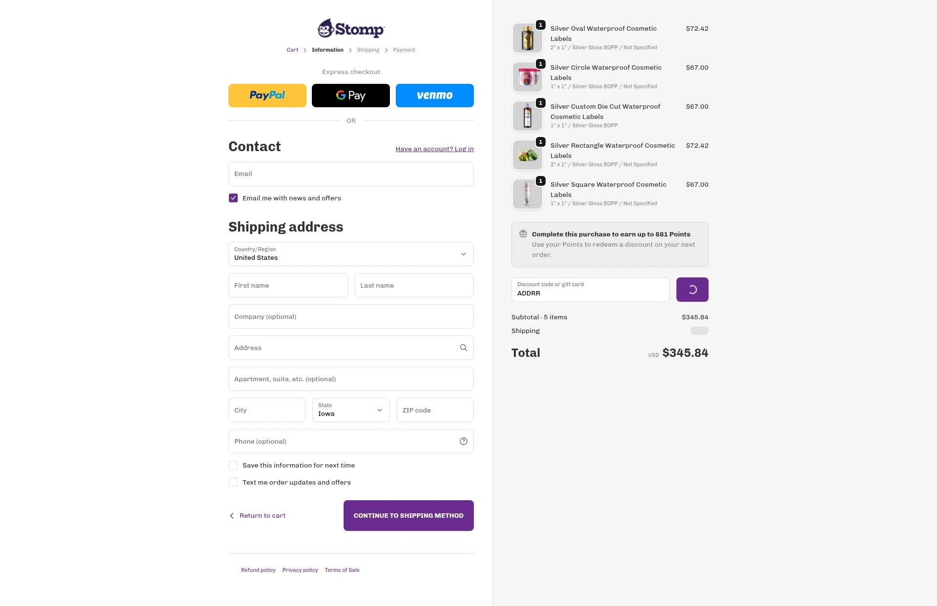 Stomp Stickers checkout page showing Stomp Stickers discount code box | Screenshot taken by SimplyCodes community member on Feb 5, 2026