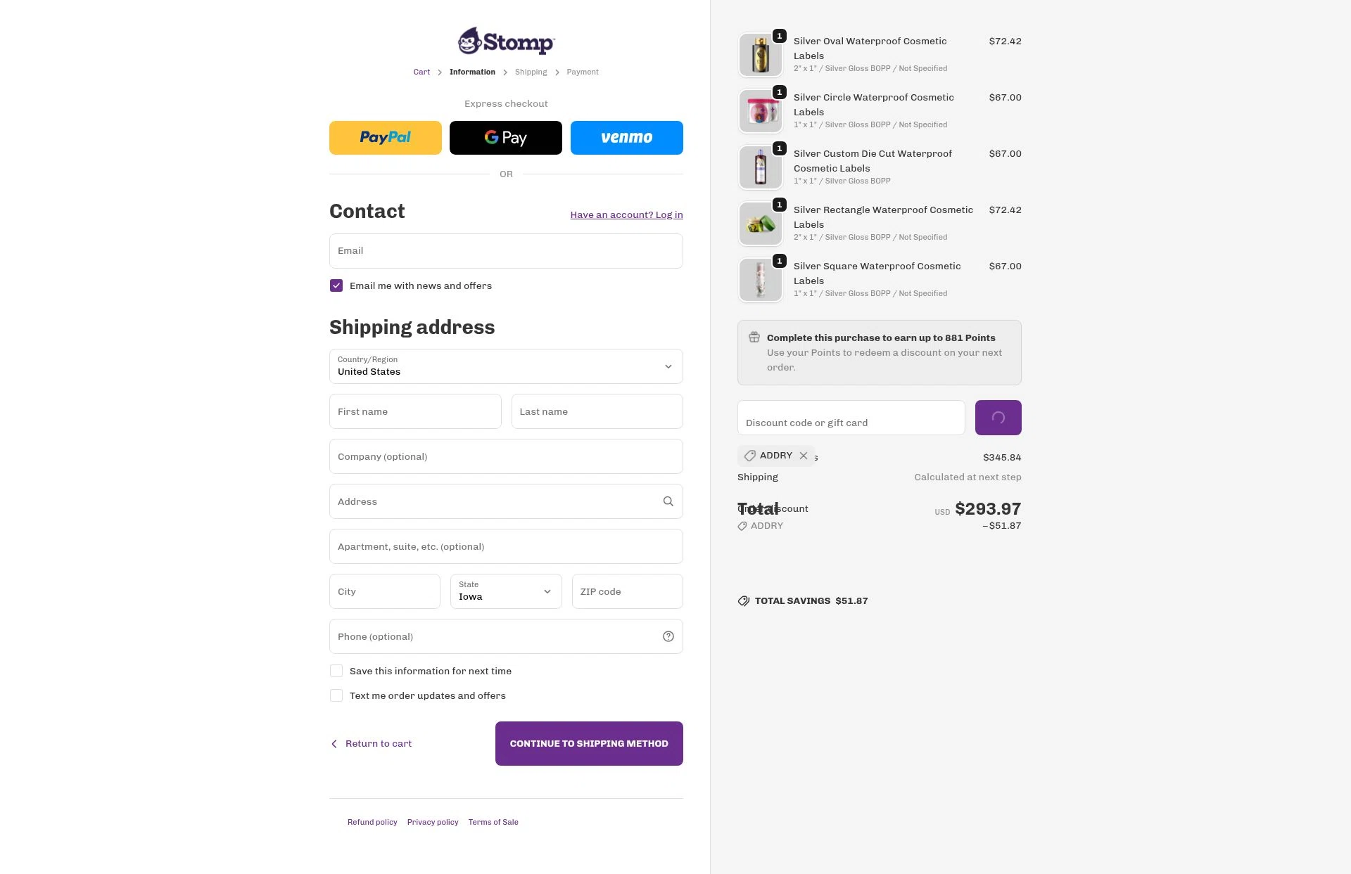 Stomp Stickers checkout page showing Stomp Stickers discount code box | Screenshot taken by SimplyCodes community member on Feb 5, 2026