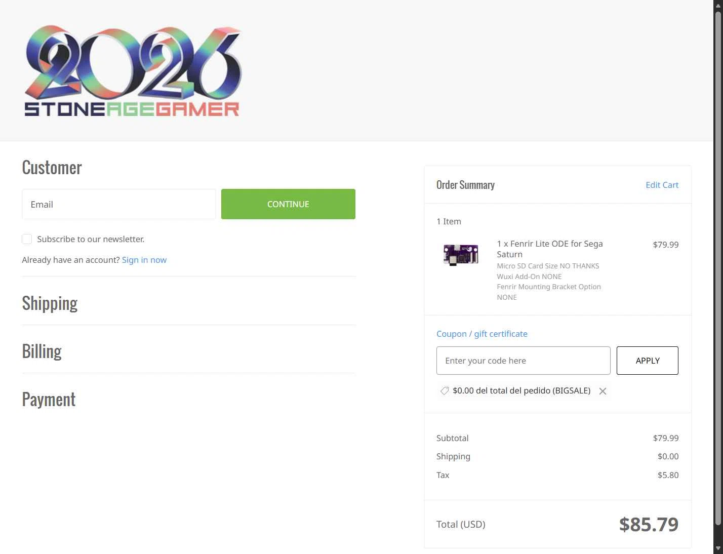 Stone Age Gamer checkout page showing Stone Age Gamer promo code box | Screenshot taken by SimplyCodes community member on Dec 31, 2025