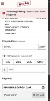 Stonefire Grill coupon verification screenshot