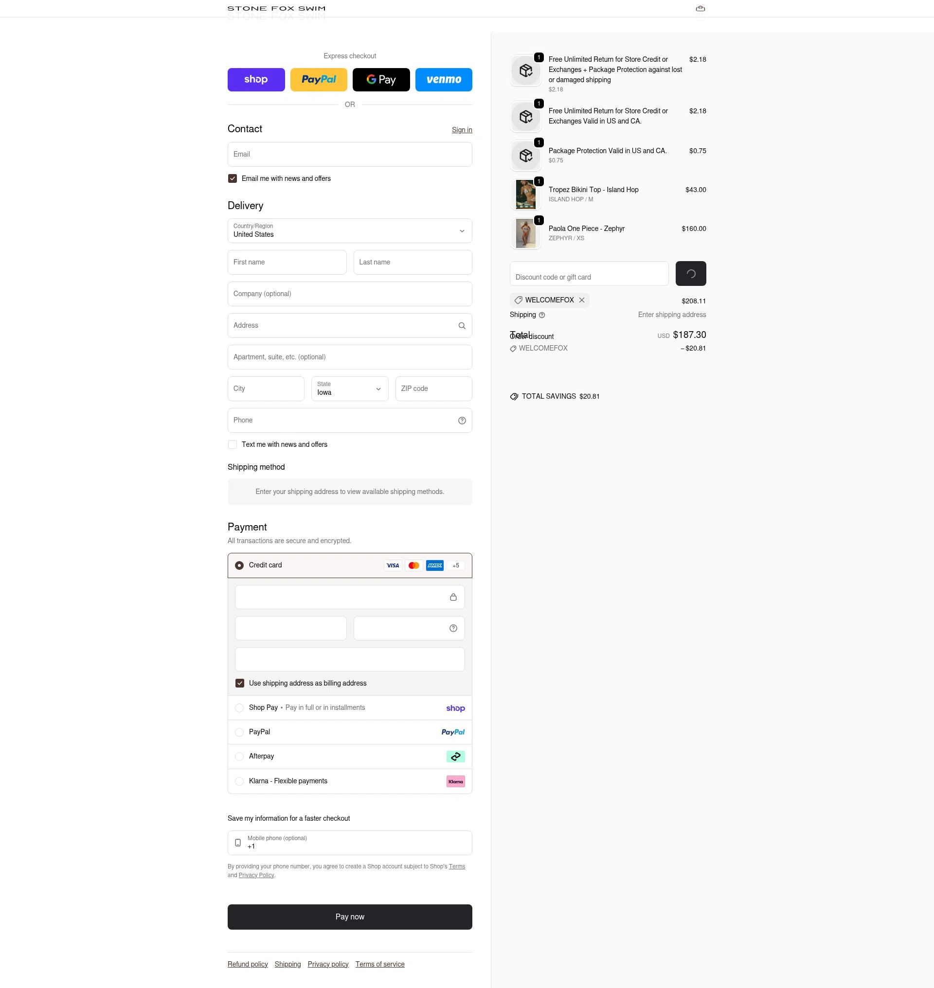 Stone Fox Swim checkout page showing Stone Fox Swim promo code box | Screenshot taken by SimplyCodes community member on Feb 20, 2026