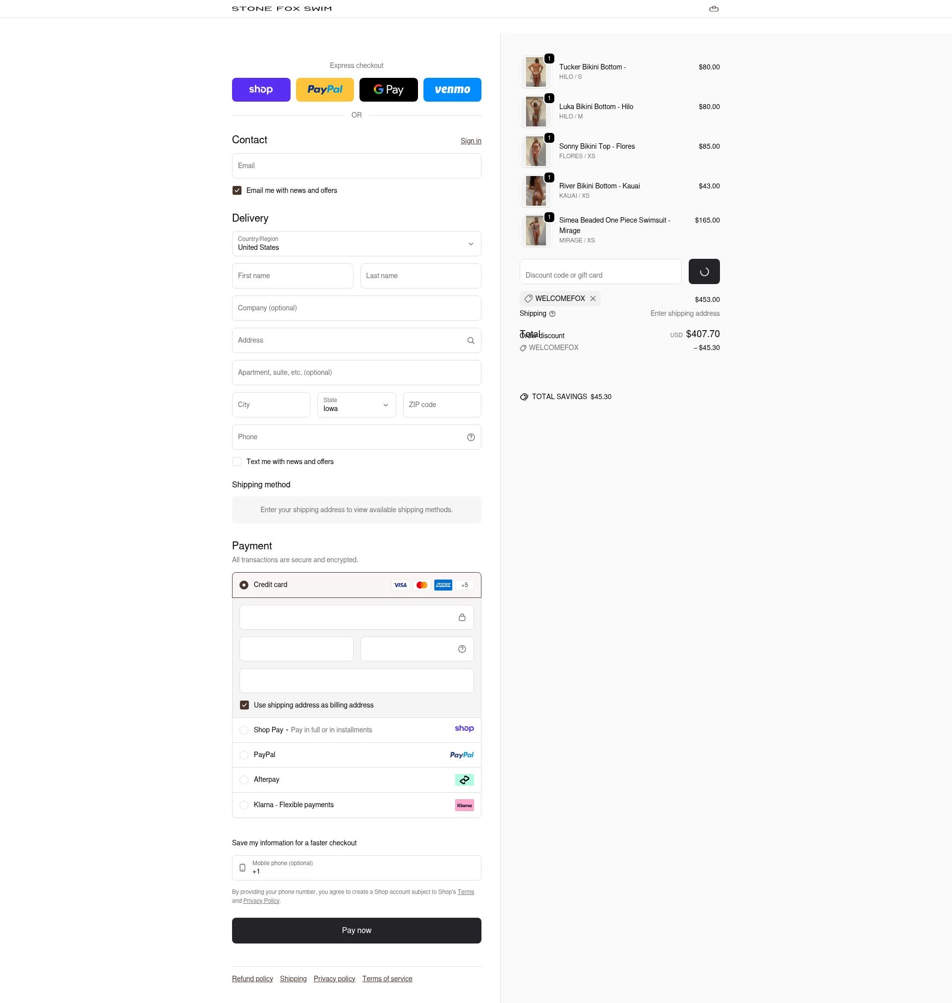 Stone Fox Swim checkout page showing Stone Fox Swim promo code box | Screenshot taken by SimplyCodes community member on Jan 20, 2026